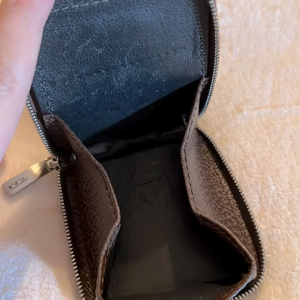Vintage Tumi Zip Around Coin Purse Change Pouch Zippered Brown Textured Leather